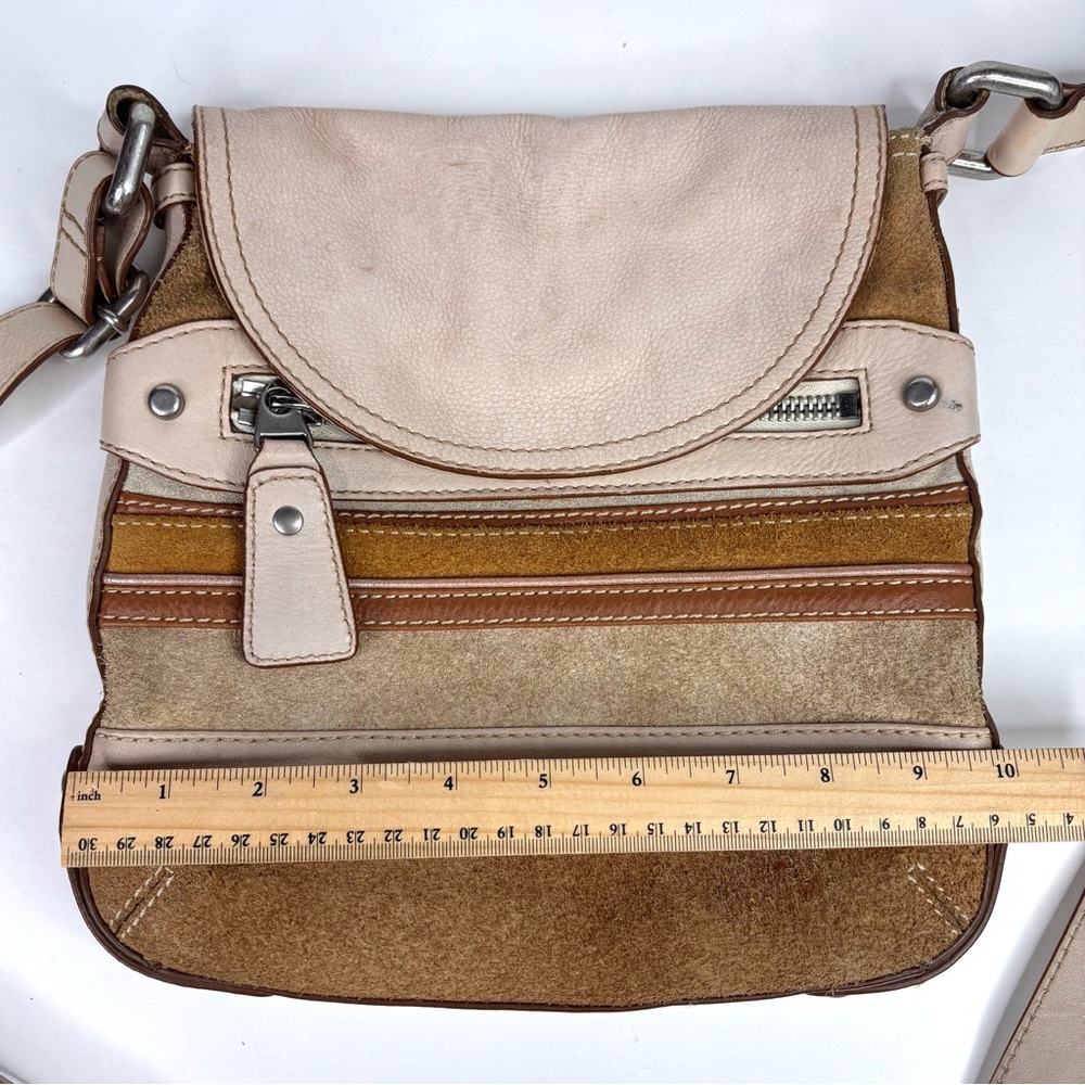 Vintage Fossil Brown, Tan and Cream Suede Leather Retro 70’s Crossbody Bag - Picture 7 of 14